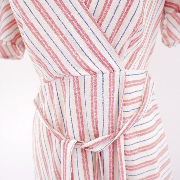 Monteau Large White Pink Blue Striped Belted Wrap Tunic Large Dress V-Neck - Picture 2 of 9